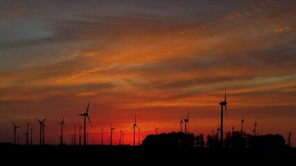 Wall Mural - Windfarm or multiple wind turbines at sunset suggesting renewable energy industry concept