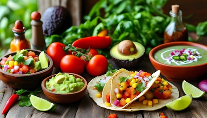 Wall Mural - Vibrant Mexican food ingredients featuring avocado, salsa, and tortillas artfully arranged on a rustic wooden table