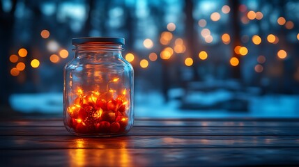 A glass jar filled with fairy lights sits on a wooden table with a blurred background of a winter scene with fairy lights.