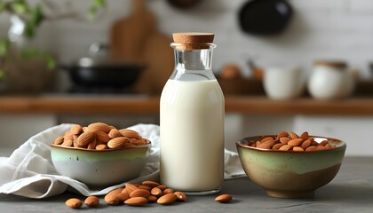 Organic almond milk and raw almonds on stone kitchen table, perfect for cooking and healthy recipes