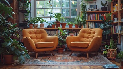 Wall Mural - Cozy Living Room with Armchairs and Plants