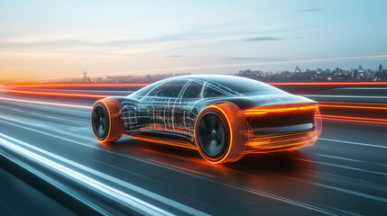 Futuristic electric vehicle speeding on an open highway, surrounded by glowing energy lines symbolizing innovation and advancement in sustainable transportation technology.