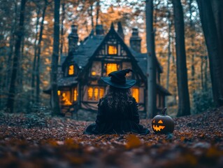 a witch near the house with a pumpkin, orange light from the windows of the house, autumn forest around
