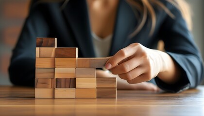 Strategic Businesswoman Assembling Tower of Wooden Cubes in a Risk Management Environment