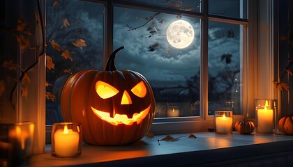 Halloween pumpkin with glowing face, spooky full moon night background, holiday decoration