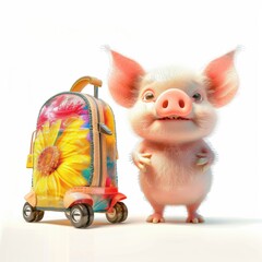 In this 3D illustration, a happy Pig carries a colorful suitcase, perfectly capturing the essence of travel and leisure.