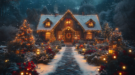 Beautiful house decorated for christmas at night, illuminated with string lights and covered in snow