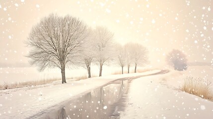 Wall Mural - A Gentle Snowfall Over a Serene Winter Landscape: Tranquil Beauty of Snow-Covered Fields and Trees