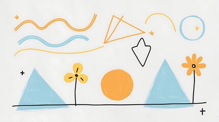 Abstract, hand-drawn illustration on a white background with geometric shapes and flowers. Includes blue, orange, and yellow triangles, wavy lines, and two orange flowers.