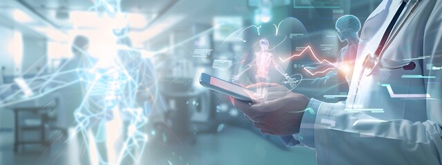 An illustration of a doctor's hands holding a tablet with a digital interface and a glowing digital anatomical icon on the chest