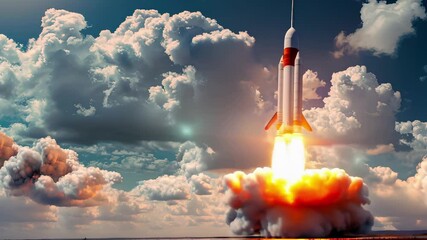 Rocket flying in sky. Spacecraft launch mission space. Future exploration technology. Spaceship blast cosmos. Futuristic shuttle speed. Outer universe astronomy.