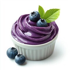 Blueberry pudding isolated on a white background, showcasing its vibrant color and creamy texture.