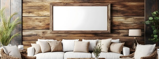 Wall Mural - Farmhouse Inspired Mockup Frame in Cozy Living Room Interior with Reclaimed Wood Accent Wall and Rustic Charm Decor  Farmhouse Style Home Design