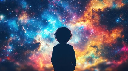 Wall Mural - Illustrate a rear view of a childs silhouette in front of vibrant, multicolored galaxies, symbolizing boundless imagination