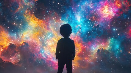 Wall Mural - Illustrate a rear view of a childs silhouette in front of vibrant, multicolored galaxies, symbolizing boundless imagination