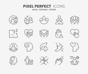 Line icons about wellness. Contains such icons as relaxation, yoga, spa, personal growth and more. Editable vector stroke. 64x64 pixel perfect