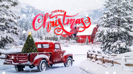 A classic red truck carrying a Christmas tree drives through a snowy landscape, with a rustic barn and mountains in the background, capturing a festive holiday spirit.