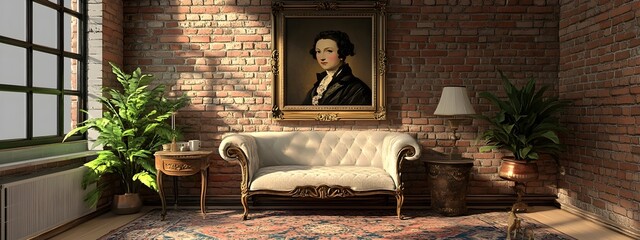 Wall Mural - Inviting Farmhouse Style Living Room with Exposed Brick Walls Plush Area Rug Vintage Side Table and Classic Portrait Painting in Ornate Frame