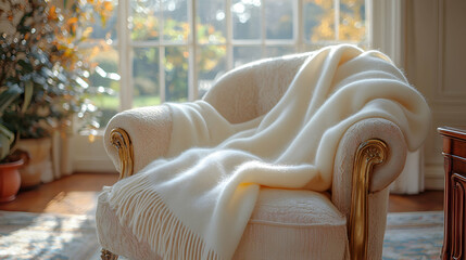 A luxurious cashmere shawl draped over a vintage armchair, with sunlight filtering through a window, evoking warmth, elegance, and timeless fashion