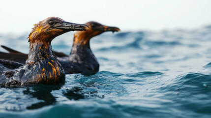 Two aquatic birds swim gracefully in the ocean's waves, showcasing their unique plumage and serene environment.