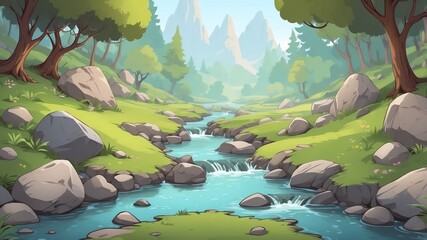 Canvas Print - Charming Little Stream with Rocks Cartoon Background Design