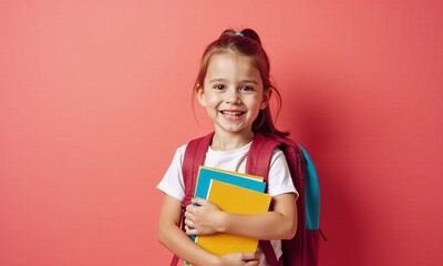 portrait funny child with backpacks and school books girl on pastel background.