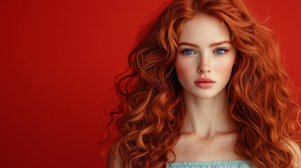 Wall Mural - A woman with red hair and blue eyes stands in front of a red background