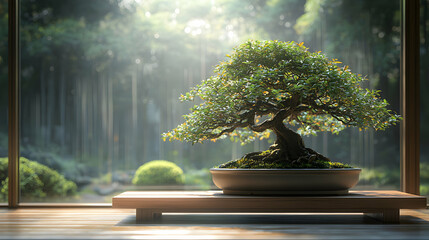 A bonsai tree meticulously pruned, sitting on a minimalist wooden table in a serene, sunlit room, evoking calm, mindfulness, and artistic horticulture