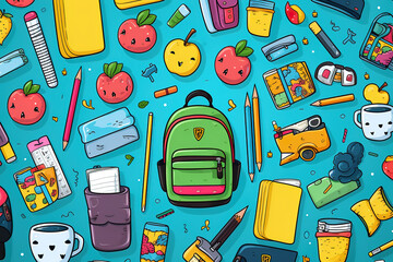 Gorgeous A cartoon drawing of a cat and school supplies