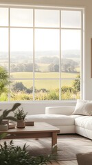 Mockup frame in a cozy farmhouse living room interior with large windows overlooking a pastoral natural landscape  The space features soft neutral textures and colors for a serene