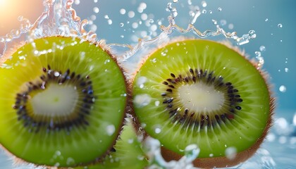 Refreshing Summer Delight: Fresh Kiwi Slices Surrounded by Splashes of Water