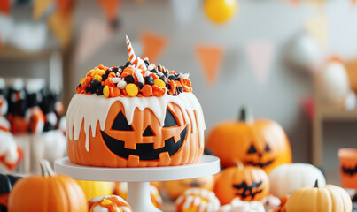 Wall Mural - A white cake with a pumpkin face on top sits on a white plate