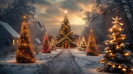 Aufkleber - Many beautiful Christmas trees, with lighting.