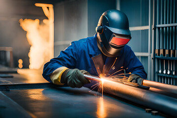 Male in face mask welds with argon arc welding. Welder mounts in the trunk pipeline electrochemical protection. illustration created by Generative AI. High quality photo