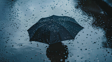 Wall Mural - shadow from an umbrella on water, seen in reflection and refraction, with raindrops creating ripples around it. The person holding the black colored umbrella is also visible.
