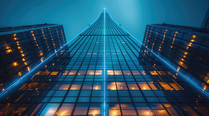 Poster - Low angle view a tower building all illuminated by LED lights.