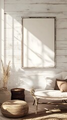 Wall Mural - Mockup Frame Mockup in Cozy Farmhouse Inspired Living Room Setting with Whitewashed Wood Paneling Walls Distressed Accent Pieces and Natural Lighting for a Vintage Comfortable Atmosphere