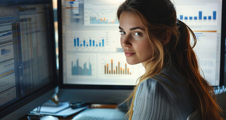Aufkleber - A corporate financial analyst woman working on her computer, surrounded by financial charts and documents.