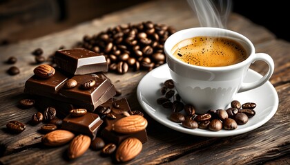 Wall Mural - Sophisticated Black Coffee in White Cup Accompanied by Almond Chocolate and Coffee Beans on Rustic Wooden Table for Coffee Enthusiasts and Morning Motivation