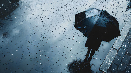 Wall Mural - shadow from an umbrella on water, seen in reflection and refraction, with raindrops creating ripples around it. The person holding the black colored umbrella is also visible.