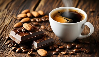 Wall Mural - Sophisticated Black Coffee in White Cup Accompanied by Almond Chocolate and Coffee Beans on Rustic Wooden Table for Coffee Enthusiasts and Morning Motivation