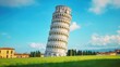 © twinklewin labs - Leaning Tower of Pisa, blue sky, bright colors, clean background, grassland, green lawn