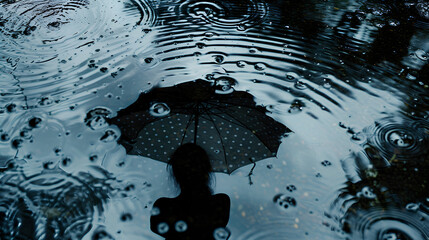 Wall Mural - shadow from an umbrella on water, seen in reflection and refraction, with raindrops creating ripples around it. The person holding the black colored umbrella is also visible.