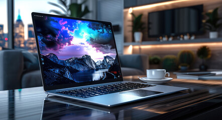 Aufkleber - A sleek ultra-modern laptop with a seamless glass design and holographic interface, positioned on a polished dark walnut desk.