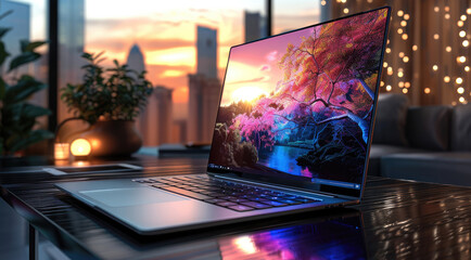 Aufkleber - A sleek ultra-modern laptop with a seamless glass design and holographic interface, positioned on a polished dark walnut desk.