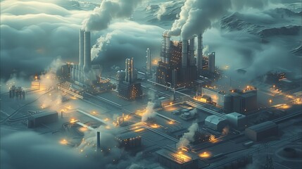 Fototapete - Aerial view of a geothermal plant in the center of a futuristic city.