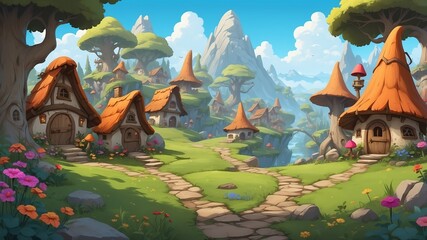 Wall Mural - Hidden Gnome Village Cartoon Background Design