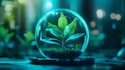 Glowing Holographic Sphere with Lush Plant Life - Futuristic Eco-Tech Concept