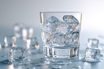 Glass of water with ice cubes on a white background.