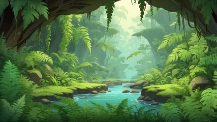 Canvas Print - Lush Fern Valley Cartoon Background Design